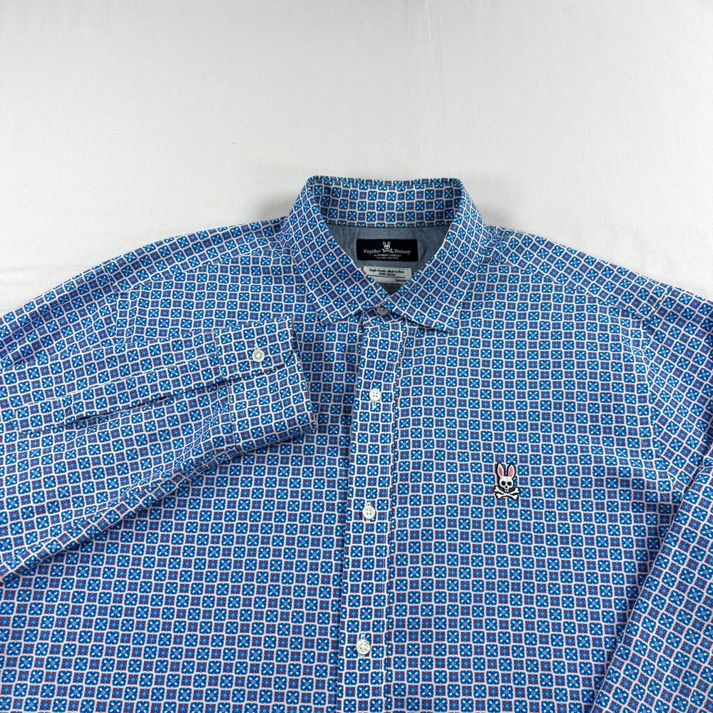 Psycho Bunny Shirt Mens Large Blue Floral Button Up Long Sleeve Cotton Stretch